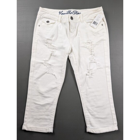 Vanilla Star White Capri Jeans Distressed Stretch Size 9 Juniors Raw Hem Cropped - Picture 1 of 10